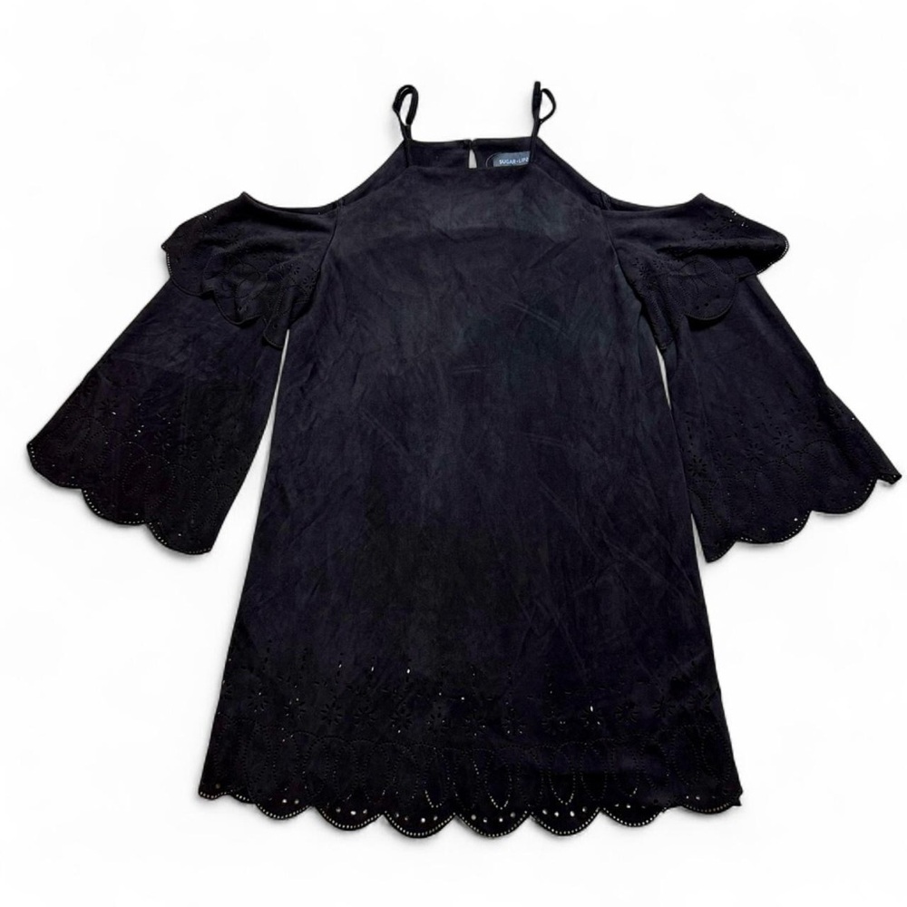 Sugar + Lips Black Faux Suede Cold Shoulder Eyelet Mini Dress Size S